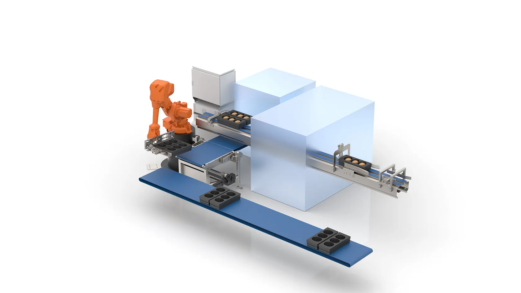 KMS_UEBF-kroening-automation-visualisierung-gesamt-anlage-brot-kuchen-form-backform-entleeren-roboter-iso1 Unmolding of cake pans - Image 1